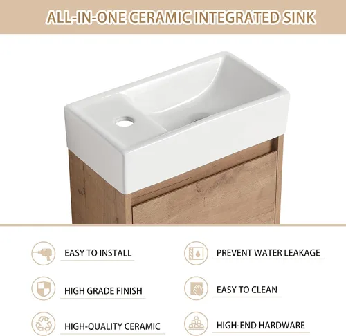 Vista 3 de Tocador de baño pequeño de 16 pulgadas con lavabo, tocador de baño independiente de 16" para espacios pequeños, gabinete de madera contrachapada