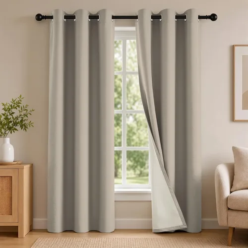 Vista 29 de 2 paneles de cortinas 100% opacas, de peso medio, con aislamiento térmico y ojales para dormitorio, sala de estar, tratamiento de ventana