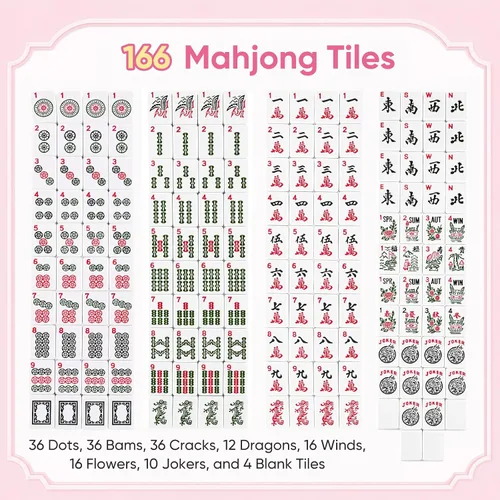 Vista 4 de Pink American Mahjong Set, 166 azulejos rosados, 4 estanterías/empujadores