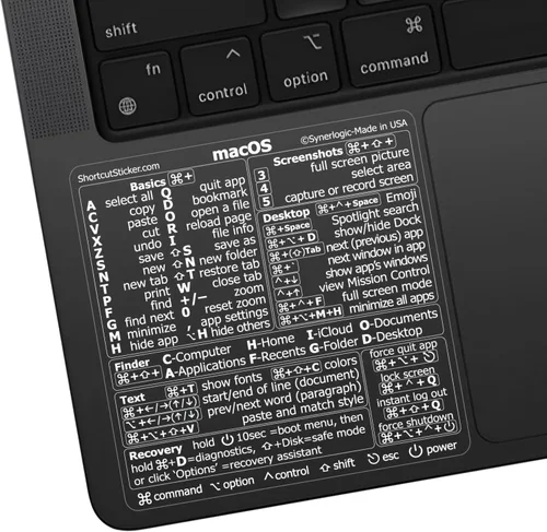 Vista 11 de Synerlogic Pegatina de accesos directos de Mac OS Calcomanías de teclado para macOS Hoja de trucos de vinilo laminado para MacBook para Negro