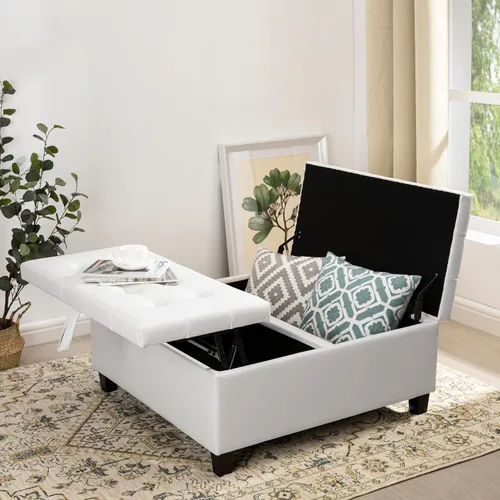Vista 11 de Naomi Home Ciara - Banco otomano tapizado de cuero negro de 35 pulgadas, mesa auxiliar cuadrada grande de almacenamiento, caja de juguetes, taburete