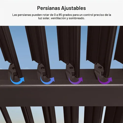 Vista 8 de PURPLE LEAF - Pérgola con listones de 10 x 12 pies para exterior, toldo ajustable moderno de aluminio para patio con techo retráctil para terraza