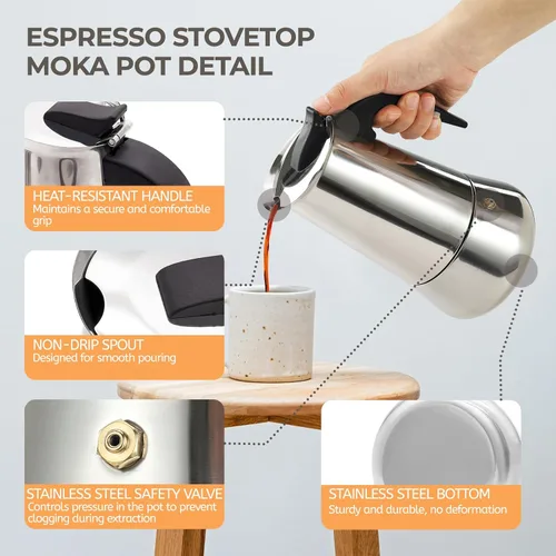 Vista 4 de Olla de Moka de 2 Tazas 100ml, Cafetera de Espresso de Acero Inoxidable, Cafetera de Percolador para Estufa, Cafetera Italiana de Estilo Clásico