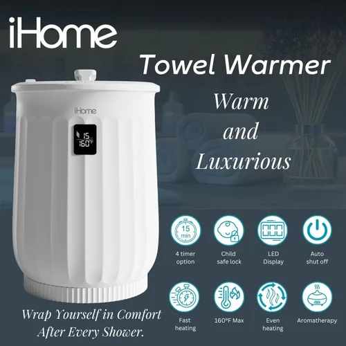 Vista 2 de iHome Calentador de toallas de lujo de 20 litros, calentadores de toallas grandes para baño, con soporte interior de almohadilla de fragancia, ideal