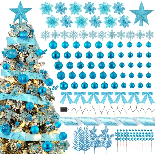 Vista 13 de Poen Juego de 108 adornos para árbol de Navidad, incluye bolas para árbol navideño, flor de pascua con purpurina, lazos, bayas, tallos, hojas, copos