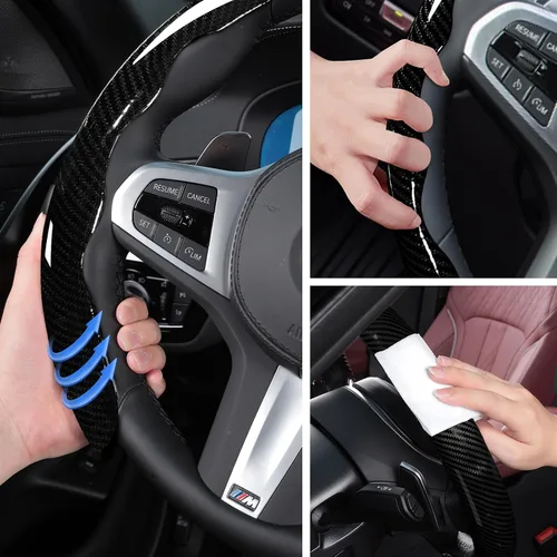 Vista 4 de Juego de fundas para volante de automóvil, funda de fibra de carbono brillante, antideslizante, 3 piezas, accesorios para volante de 14.5-15 negro