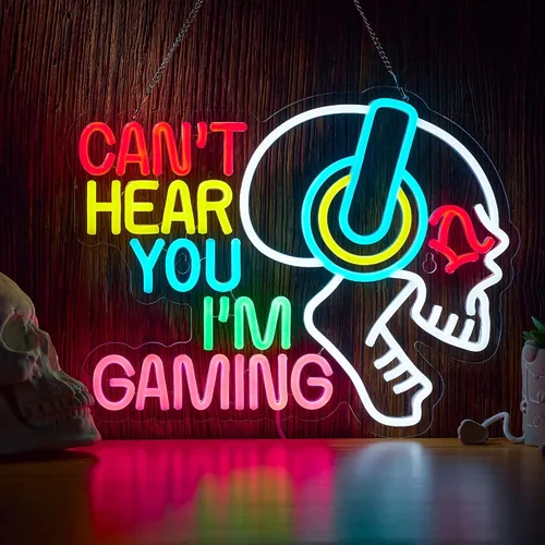 Vista 8 de Letrero de neón para juegos Can't Hear You I'm Gaming Headset Gamer Luz LED brillante alimentada por USB Letrero luminoso de auriculares Letreros