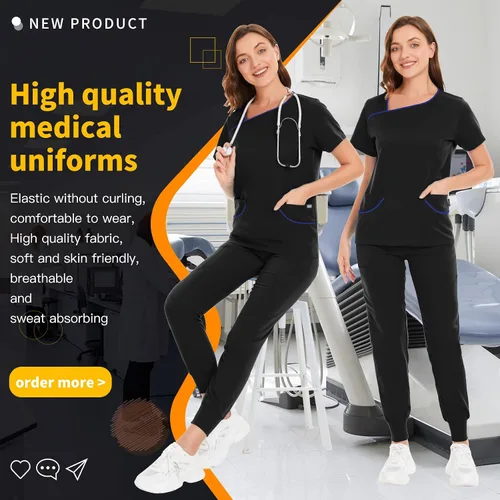 Vista 4 de Conjuntos de exfoliantes para mujer uniforme de enfermera camiseta y pantalón deportivo ropa de trabajo traje elástico de manga corta diseño