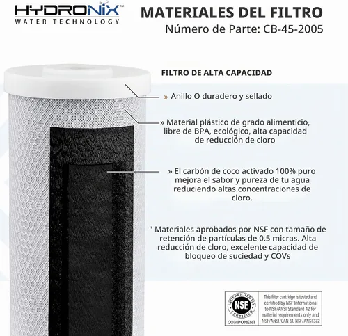 Vista 2 de Hydronix CB-45-2005 NSF Filtro de bloque de carbono de 4.5 pulgadas de diámetro externo x 20 pulgadas de largo, de 5 micrones.