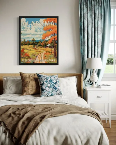 Vista 3 de Póster artístico de paisaje del estado de Alabama, decoración artística de paisaje retro de estados, pintura de montaña y paisaje de aventura