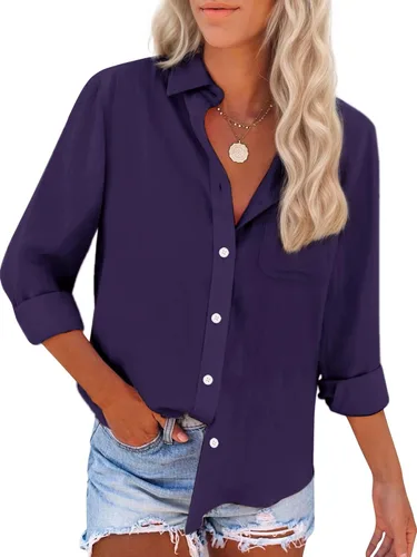 Vista 19 de Camisas de algodón con botones, para mujer, camisas de vestir Oxford, camisas de trabajo de manga larga, blusas con cuello y bolsillo