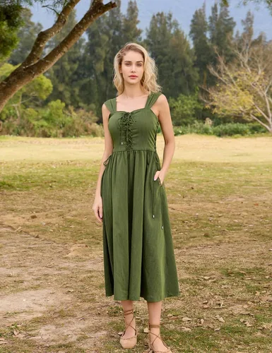 Vista 8 de Scarlet Darkness Vestido midi renacentista de verano para mujer, vestido sin mangas con cordones