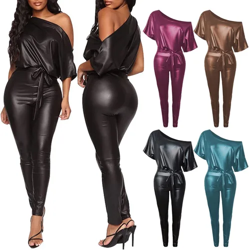 Vista 2 de Jsarle Vestidos sexys para mujer, de un hombro, manga corta, murciélago, ajustado, mini vestido de cuero, para fiesta, boda, club, vestido
