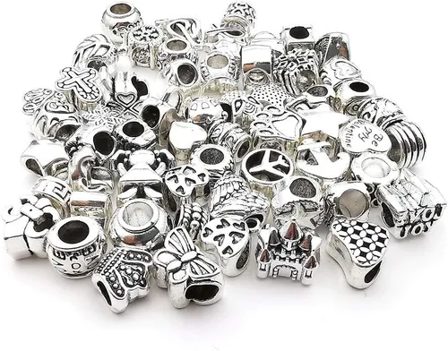 Vista 4 de 55 piezas surtidas de cuentas con agujeros grandes de aleación europea, cuentas con separadores metálicos para manualidades, pulseras, collares