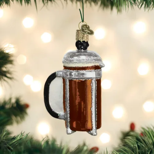 Vista 2 de Old World Christmas Adorno de prensa de café francés soplado de vidrio para árbol de Navidad, decoración navideña artesanal, colección de café