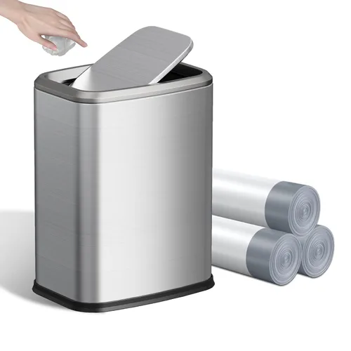 Vista 9 de Cubo de basura pequeño para baño de 8L/2.1 galones con tapa, cubo de basura rectangular con tapa abatible, cubo de basura de acero inoxidable