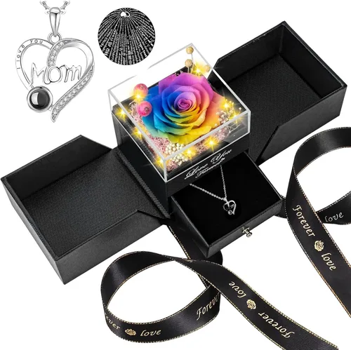 Vista 9 de Collar de rosas reales preservadas azules en caja con texto "I Love You" en 100 idiomas - Regalo único para mujeres, mamá, esposa, novia en el día