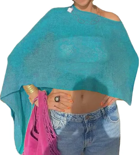 Vista 12 de Amiblvowa Poncho transparente para mujer, poncho de punto Y2K Negro