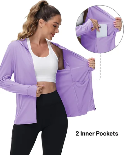 Vista 5 de TACVASEN Chaqueta ligera con capucha para mujer, con cremallera, UPF 50+, manga larga, con protección UV