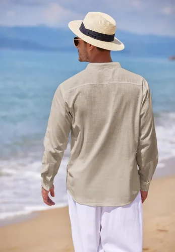 Vista 4 de COOFANDY - Camisa de lino y algodón con cuello Henley, de manga larga, estilo hippie, informal, camisetas de playa