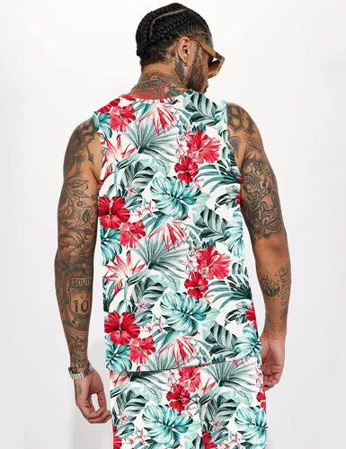 Vista 2 de JoZorro Conjunto de camiseta sin mangas con estampado floral para hombre, camiseta deportiva casual con estampado de lujo, ropa deportiva hawaiana