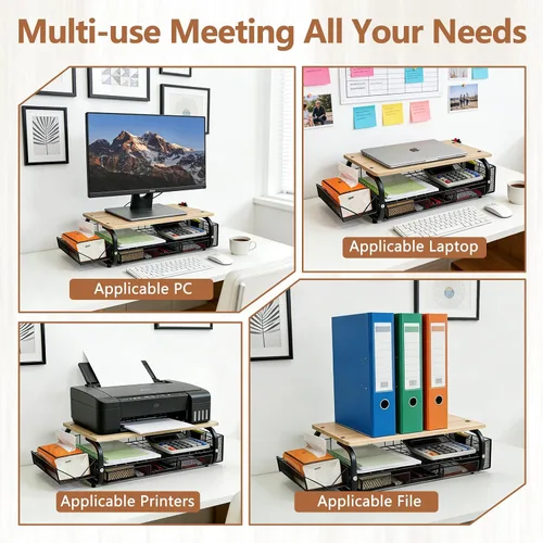 Vista 3 de Organizador de escritorio y accesorios para monitor, soporte para monitor con cajón (cajones de 2 niveles) con estante de almacenamiento lateral