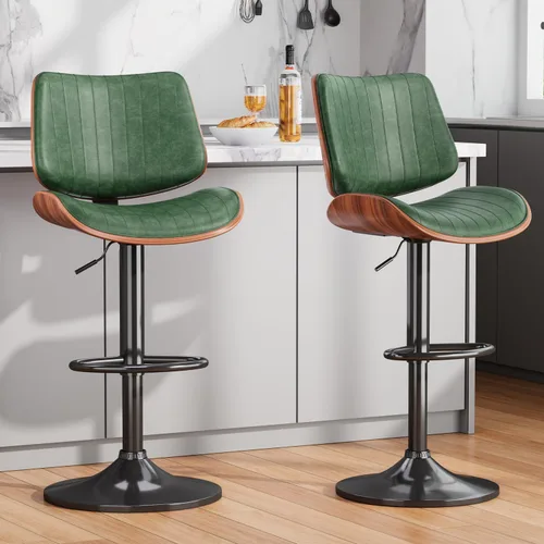 Vista 33 de Juego de 1 taburetes de bar giratorios de madera curvada ajustables para encimera de cocina, moderna silla de bar tapizada de piel sintética