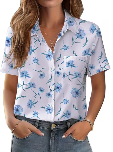 Vista 16 de Zeagoo Blusa de manga corta con botones para mujer, con bolsillo en el busto, para negocios, casual, para el trabajo, trajes de verano