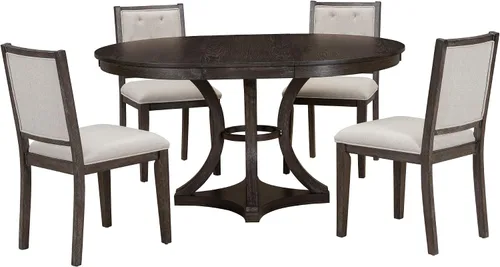 Vista 4 de Knocbel Juego de mesa extensible para 4-6, mesa de comedor redonda ovalada con 4 sillas tapizadas, juegos retro de 5 piezas con base de madera