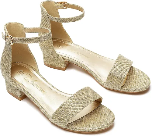 Vista 52 de Athlefit Sandalias para niñas, puntera abierta, correa en el tobillo, tacones bajos, zapatos de vestir para niñas pequeñas y grandes