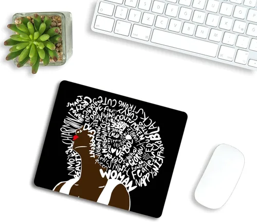 Vista 4 de Alfombrilla de mouse para mujer afroamericana, arte africano con cita para mujer, alfombrilla de mouse lavable con tela de licra, base de goma