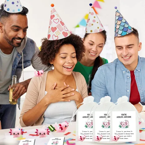 Vista 6 de 90 piezas de regalo inspirador mini ajolote de resina con regalo de agradecimiento, tarjetas de animación, bolsas de regalo de organza blanca
