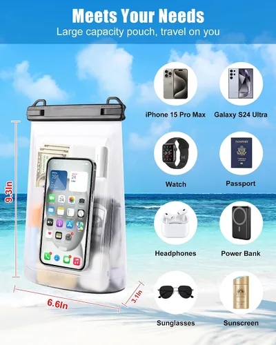 Vista 2 de Funda impermeable para iPhone 16 15 14 11 Pro Max y Galaxy S24 S21 – Bolsa seca flotante de gran capacidad para almacenar protector solar, gafas