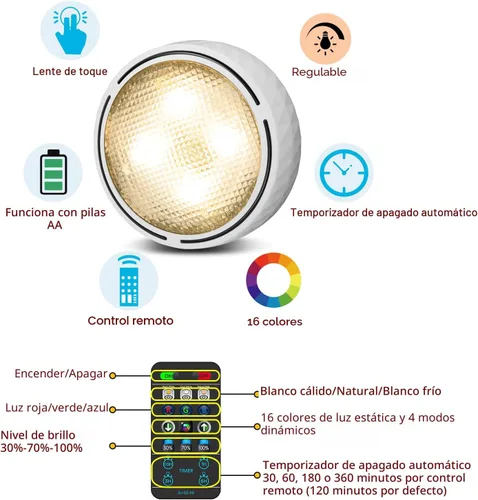 Vista 4 de TECOMLIGHT Luces de disco con control remoto, iluminación inalámbrica para debajo del gabinete, funciona con pilas, luces de empuje para cocina