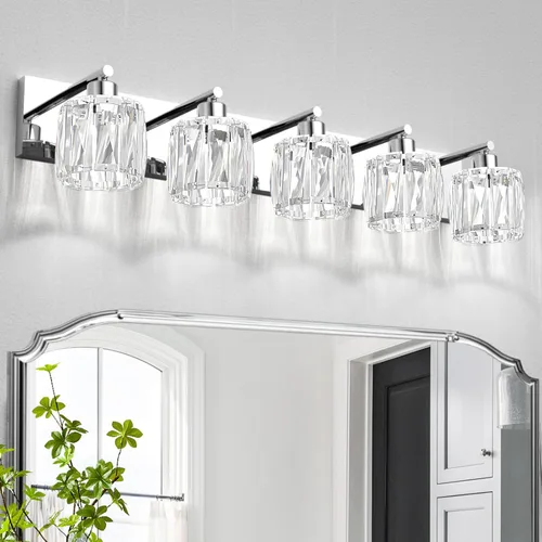 Vista 9 de VOLISUN Luces de Tocador de Cristal - 2 Luces Modernas de Acero Inoxidable para Baño Sobre Espejo, Acabado Cromado - Certificado UL