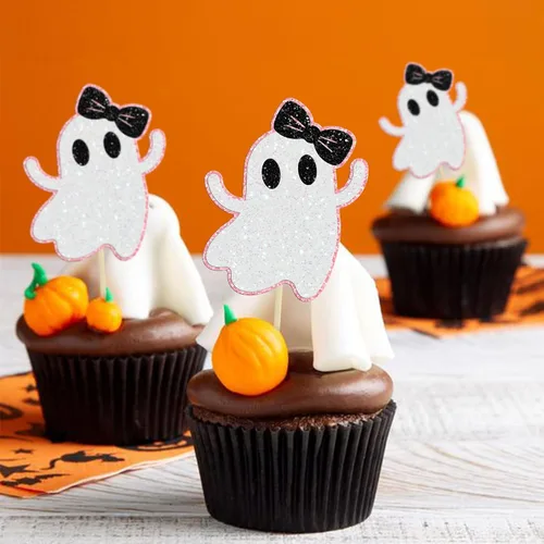 Vista 6 de Gyufise 24 adornos de fantasmas para cupcakes con purpurina rosa para Halloween, fantasma, baby shower, decoración de cupcakes, comida fantasma