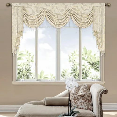 Vista 31 de Loom and Mill Cenefa de cascada de lujo de jacquard para sala de estar, elegantes cenefas de ventana con festones y cuentas damascadas, cortinas