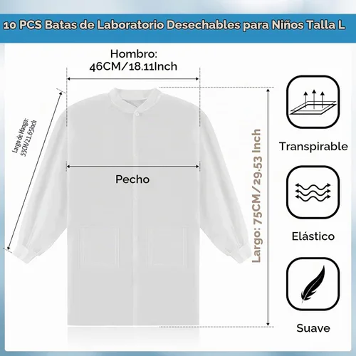 Vista 2 de 10 abrigos de laboratorio desechables para niños, abrigos de ciencia blancos a granel para niños con puños de punto elástico y cierre frontal a