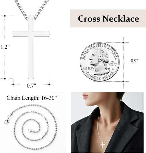 Vista 5 de 2 collares de cruz para hombres, plata y negro para hombre, collar con colgante de cruz de acero inoxidable para hombres, regalos de joyería