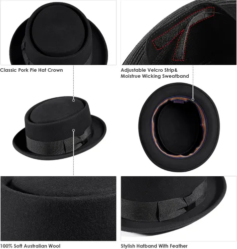 Vista 4 de Men's Women Crushable Pork Pie Fedora Hats 100% Wool Felt Porkpie Hats equiped a Grosgrain Ribbon with a Bow