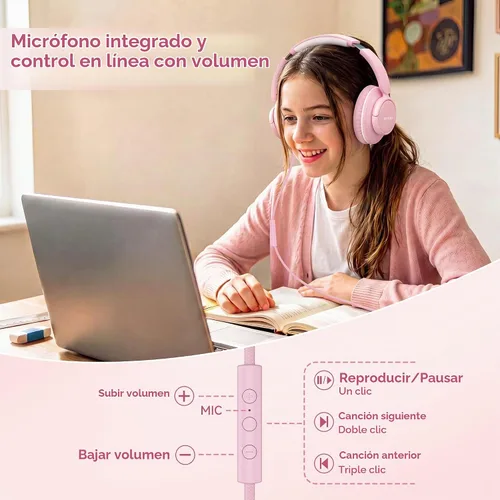 Vista 2 de Auriculares con cable con micrófono, auriculares de 0.1 in con control de Rosa