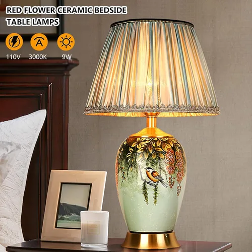 Vista 2 de Lámpara de mesa LED de cerámica pintada a mano con flores y pájaros, lámparas chinoiserie americanas, clásicas, de tela amarilla, mesita de noche
