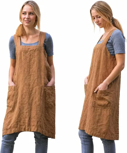 Vista 10 de Delantal Pinafore con espalda cruzada con bolsillos, delantal de lino y algodón, talla grande Negro