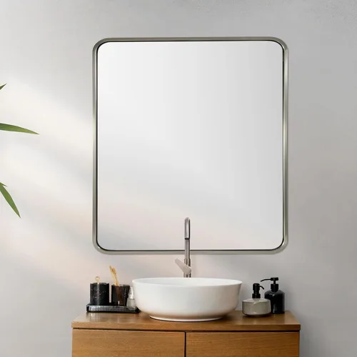 Vista 49 de Espejo de latón para baño, espejo rectangular redondeado de 22x30 pulgadas con marco de metal cepillado dorado, espejo de tocador de baño sin