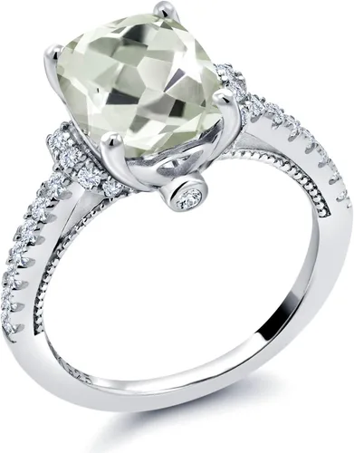 Vista 3 de Gem Stone King Anillo de plata de ley 925 con prasiolita verde y zafiro blanco para mujer