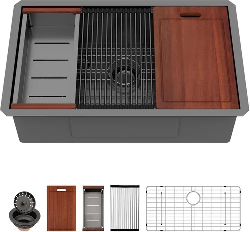 Vista 20 de Sarlai Fregadero de cocina empotrado de 30 pulgadas dorado - Fregadero de cocina de 76,2 cm x 45,7 cm con repisa para estación de trabajo de acero