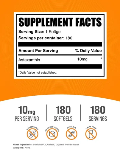 Vista 2 de BulkSupplements.com Astaxantina 12 mg en cápsulas blandas - Suplementos de astaxantina, fuente de antioxidantes - Sin gluten, 1 cápsula blanda por