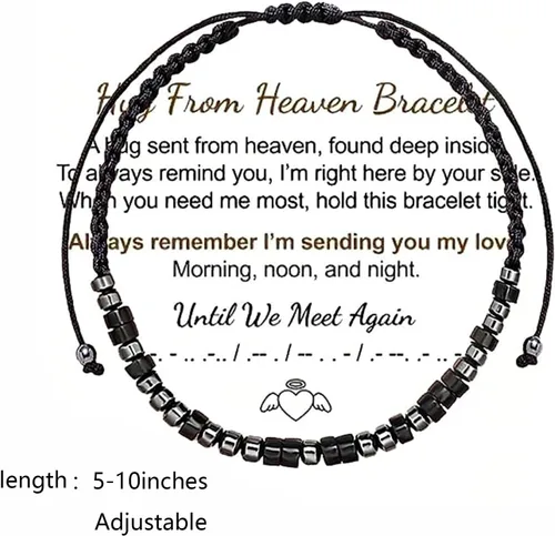 Vista 5 de VBWEOI Pulsera con código morse con texto en inglés "Hug from Heaven, Until We Meet Again, con código morse, pulseras inspiradoras para mujeres