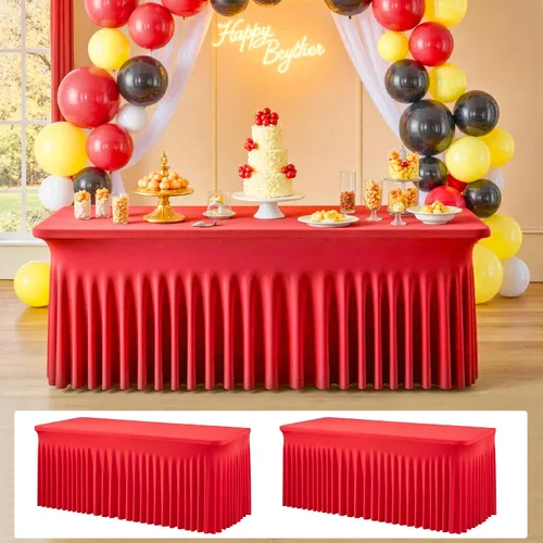 Vista 10 de Paquete de 2 manteles de elastano azul bebé de 6 pies con falda de mesa con volantes, manteles ajustables elásticos sin arrugas para mesas