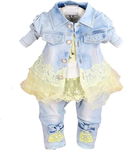 Vista 6 de Yao Conjuntos de ropa de mezclilla para bebés y niñas, conjuntos de 3 piezas, camisa de mezclilla y jeans